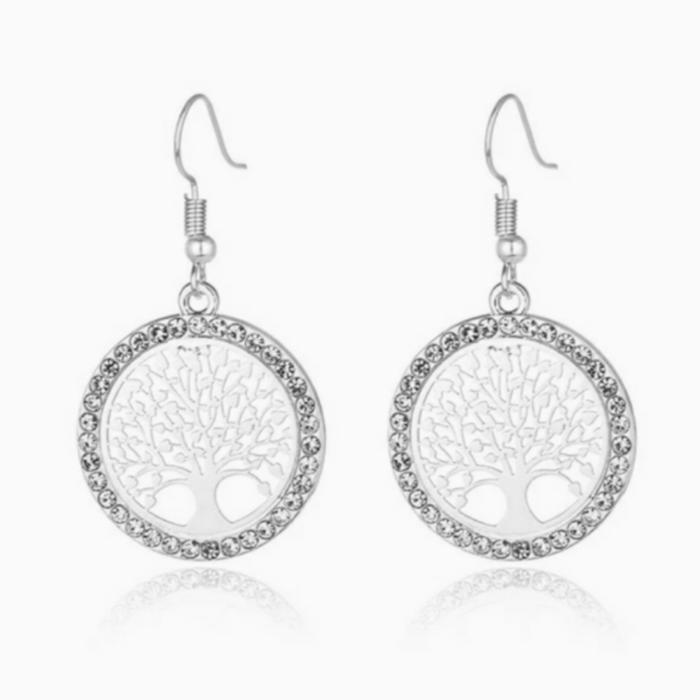 Silver Tone Crystal Tree of Life Earrings with Stainless Steel Earwires NEW